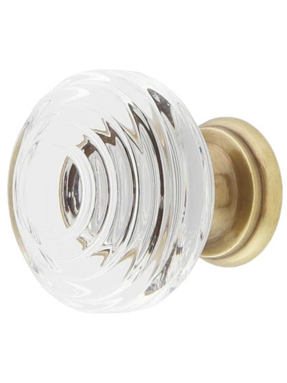 Deco Crystal Glass Cabinet Knob - 1 1/4 inch Diameter in Antique Brass.